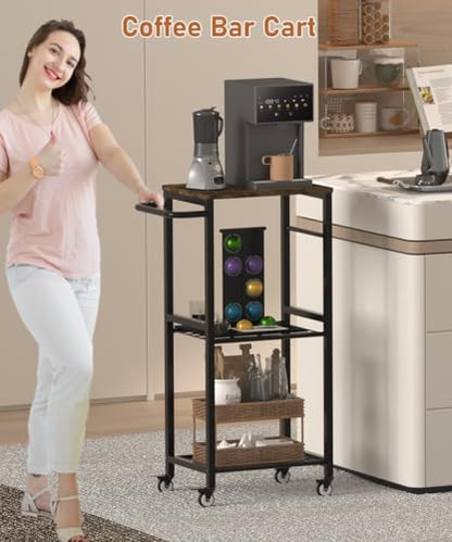 Kitchen Microwave Stand Cart with Storage Rack, 3-Tier Rolling Kitchen Side Table on Wheels with 8 Hooks, Utility Small Coffee Shelf Organizer for Living Room, Bedroom, Bathroom, Office, Black