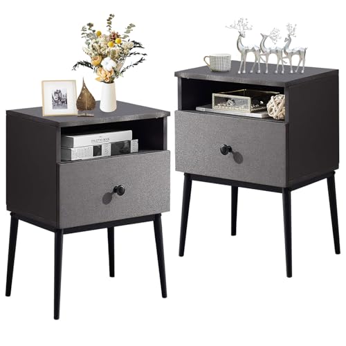VECELO Modern Nightstands Set of 2,Square End Side Table with Drawer and Storage Space for Bedroom and Living Room - color: Grey(set of 2)