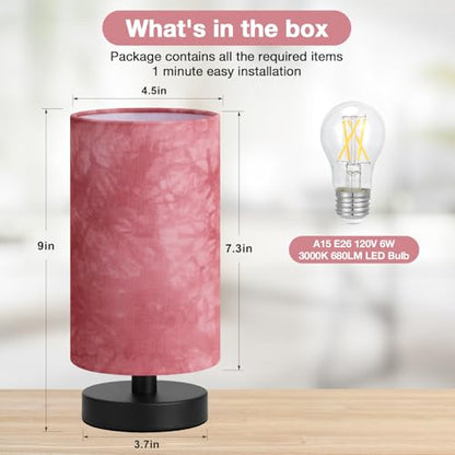 Fenmzee Small Table Lamp for Bedroom - Inline Control, Bedside Lamp with 3000K A15 LED Blub, Easy Assembly (Pink Shade - Black Base, 9" Inline Control) - color: Pink Shade - Black Base