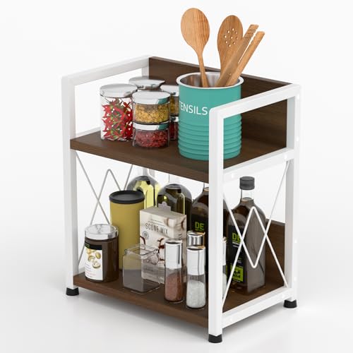 Aduanbang Coffee Bar Accessories Organizer, 2 Tier Wooden Kitchen Counter Shelf, Coffee Organizer Station for Countertop, Condiment Rack for Mugs, Cups, Cream, Syrup - color: Walnut + White