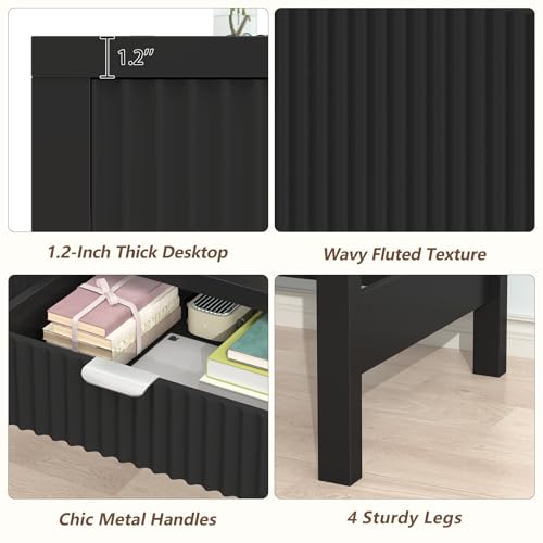 YOMILUVE Fluted Computer Desk with 2 Drawers, 39 Inch Small Computer Desk with Storage, Compact Writing Study Desk for Small Spaces, Black - color: Black