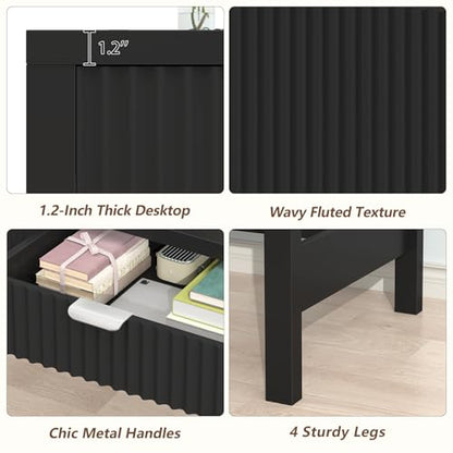YOMILUVE Fluted Computer Desk with 2 Drawers, 39 Inch Small Computer Desk with Storage, Compact Writing Study Desk for Small Spaces, Black - color: Black