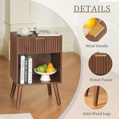 Fultyle Walnut Nightstand, Modern Night Stand with Fluted Drawer and Open Storage, Wooden Bedside Table with Solid Wood Legs for Bedroom, Living Room, Office (Walnut Brown) - color: Walnut Brown
