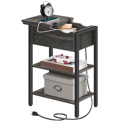HOOBRO End Table with Charging Station, Narrow Side Table, Flip Top Nightstand with USB Ports and Outlets, Bedside Tables with Shelf for Small Spaces, Living Room, Charcoal Black BC341BZ01 - color: Charcoal Black