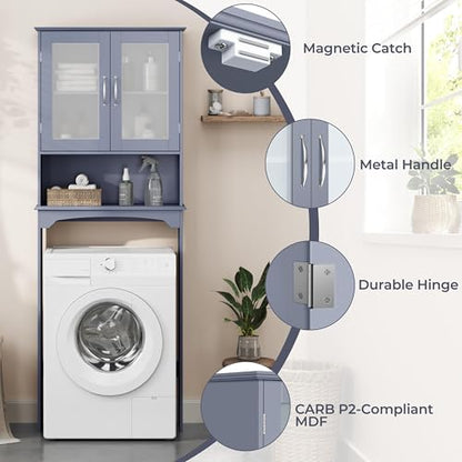 Yaheetech Over The Toilet Storage Cabinet, Free Standing Toilet Rack with Adjustable Shelves and Tempered Glass Doors for Bathroom Washroom, Grey - color: Grey
