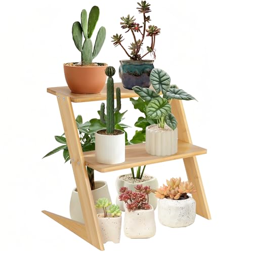 3 Tier Table Top Countertop Small Plant Stand with Shelf Adjustable | Bamboo Wooden Desk Plants Succulent Stand, Office Flower Pot Holder Rack ,Cup Cake Stand, Kitchen Spice Rack