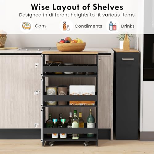 LOKO 4-Tier Rolling Storage Cart, 8 Inches Slim Kitchen Cart on Wheels with Open Shelves & Handle, Laundry Room Cart Between Washer and Dryer, for Bathroom Next to Fridge (Black & Natural) - color: Black & Natural