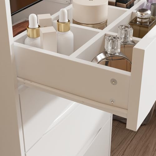 FUFU&GAGA Vanity Desk with Flip Top Mirror and Lights, Small Makeup Vanity Set with Glass Shelf, Space Saving Dressing Table with 3 Drawers & Cushion Stool for Bedroom, White 18.7”W x 15.7”D x 47.2”H