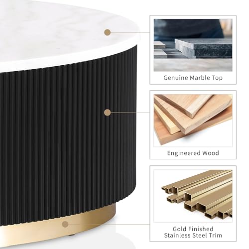 Furniture of America Beryl Modern Round White Genuine Marble Top Coffee Table with Fluted Pedestal Base and Gold Stainless Steel Accent, Low Profile Table for Living Room, Home Office, Black - size: Coffee table, style: Round