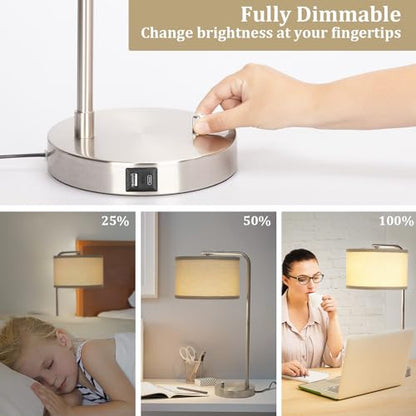 Table Lamp for Living Room, Modern Bedside Lamp with USB C+A Ports, Fully Dimmable Nightstand Lamp with Beige Drum Shade, Silver Finish Side Table Lamp for Bedroom Office, 3000K LED Bulb Included - color: Silver