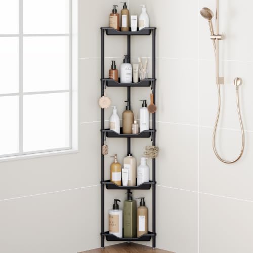 Orimade Rustproof 5 Tier Floor Standing Corner Shower Caddy Organizer, Plastic Aluminum Splicing Floor Corner Shelf Rack Stands for Bathroom, Black - color: Black, size: 5 Tier