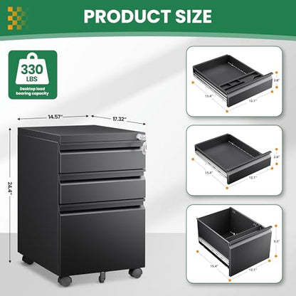 3 Drawer Mobile File Cabinet with Lock,Under Desk Rolling File Cabinet for Home Office Fits Legal/Letter/A4 File (Unassembled,Black) - color: Black, size: 14.6"W x 24.4"H x 17.3"D