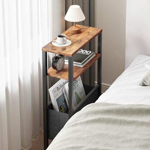 Narrow Side Table, Slim End Table with Magazine Rack, Skinny Bedside Table for Small Spaces, 3 Tier Sofa Couch Table Nightstand for Living Room, Bedroom, Rustic Brown LET503R - color: Rustic Brown, style: No Charging Station