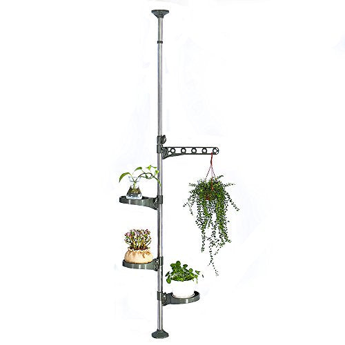 BAOYOUNI Indoor Plant Pole Stand Tension Rod Adjustable Flower Display Rack Spring Loaded Floral Hanger Storage Shelf with 3 Trays & 1 Arm for Windowsill Counter Top, Grey - color: Grey, size: 1 x 4 Tier