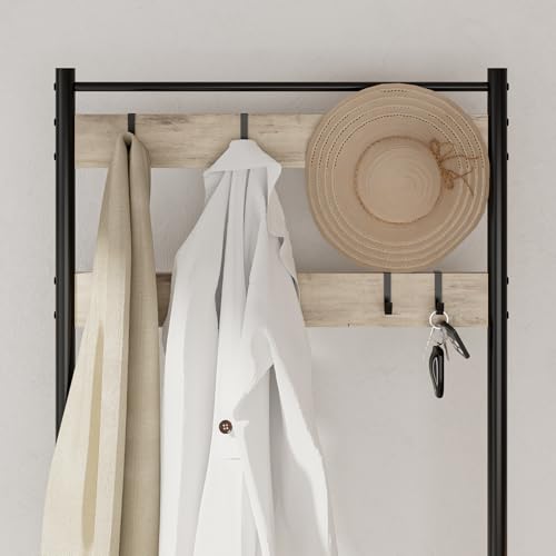 Hall Tree with Bench and Shoe Storage, 3-in-1 Coat Rack, Freestanding Wooden Coat Rack with Shoe Bench with Metal Frame, 3-Tier Storage Shelf and 9 Removable Hooks, Greige - color: Greige
