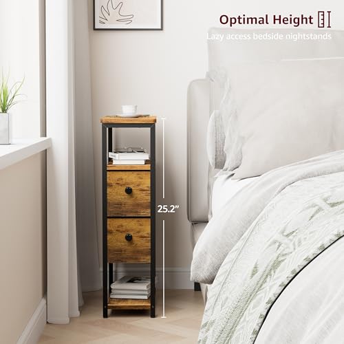 KLUVIS Narrow Nightstands Set 2 - Skinny Side Table Slim Night Stand for Small Space Bedroom Thin Bedsides Tables with 2 Drawers, Farmhouse Brown