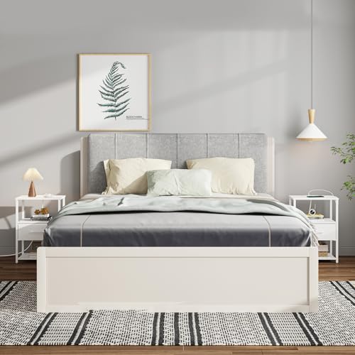 TUTOTAK Nightstand Set of 2, Night Stand with Charging Station, End Table, Bedside Table with Fabric Drawer, Side Table for Livingroom and Bedroom, White TB01BW0692 - color: White, style: Plug