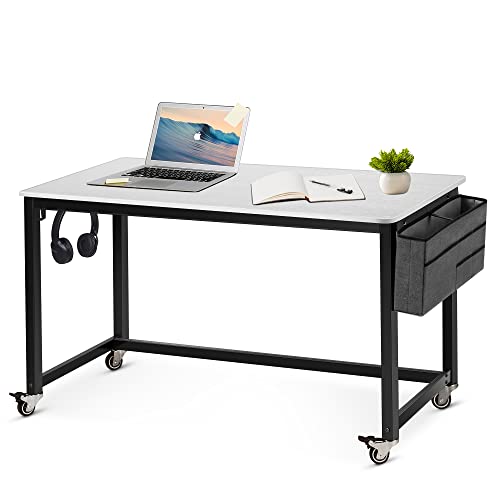 AHB 55" Rolling Computer Desk with 4 Smooth Wheels, Simple Style Mobile Writing Desk Home Office Study Table Movable Workstation with Metal Frame - color: White, size: 55"