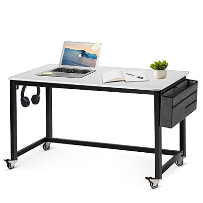 AHB 55" Rolling Computer Desk with 4 Smooth Wheels, Simple Style Mobile Writing Desk Home Office Study Table Movable Workstation with Metal Frame - color: White, size: 55"