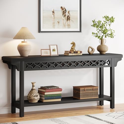 Tribesigns 70.8-Inch Solid Wood Long Console Table, Farmhouse Entryway Table with Storage, Narrow Sofa Table Grey Couch Table for Living Room Entryway Hallway (Black) - color: Black