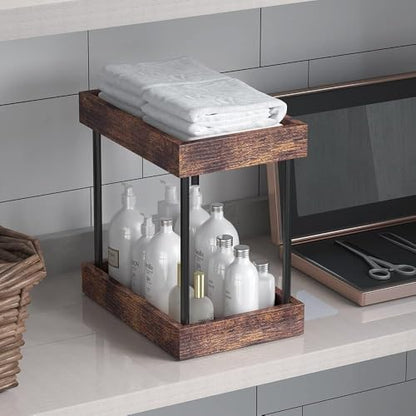 mahueeol 2-Tier Bathroom Counter Organizer with Wooden Trays | Two wooden trays organize cosmetics, skincare and toiletries on bathroom counters, vanities, kitchens and coffee stations - style: Retro