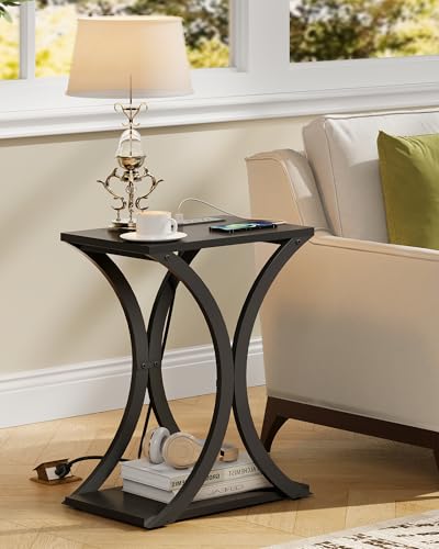 CHOEZON Black End Table with Charging Station, 2-Tier Narrow Side Table, Nightstand with Storage Shelf, for Small Spaces, for Living Room, Bedroom, Black TBZ20UBB - color: Black