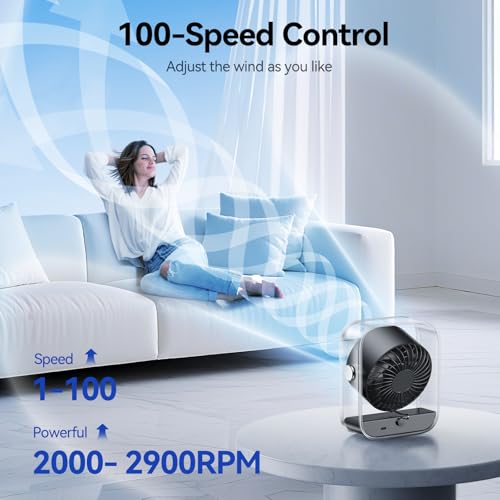 KIMMOO Rechargeable USB Desk Fan, Quiet Table Fan with Turbo Airflow, 100 Speeds, Digital Display, 90° Rotating, Small Battery Desktop Fans for Bedroom Home Office Travel, Black - color: Black