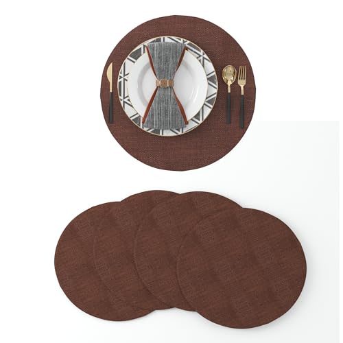 Set of 4 Round Placemat 15 Inch Soft Linen eco-Friendly Fabric Handcrafted Machine Washable Indoor & Outdoor Tablemat Coffee Brown - color: Coffee Brown, size: Round Placemats 15"
