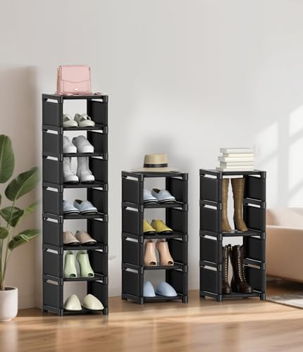 Narrow Shoe Rack 8 Tier, Slim Vertical Shoe Organizer for Small Spaces, Stackable Shoe Storage Shelf with Metal Frame & Fabric Shelves, Shoe Rack for Closet Entryway Bedroom