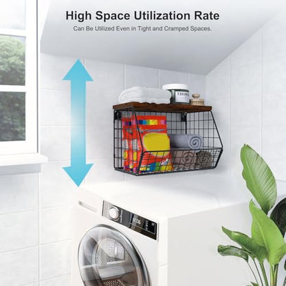 MSJGA Laundry Room Shelves Wall Mounted with Storage Basket - Stackable Wire Wall Shelves Organizer for Towels, Detergent, Tissues | Space-Saving Over Washer & Dryer, Small Spaces(11.8"Wx7.9"Dx8.5"H) - size: 8"D