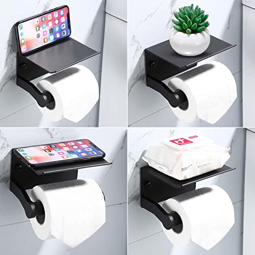 Toilet Paper Holder with Phone Shelf, Self Adhesive Aluminum Tissue Roll Dispenser for Mega Roll, Wall Mounted Toilet Paper Roll Holder for Bathroom, Matte Black - color: Matte Black