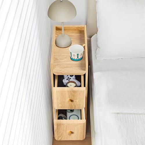 Narrow End Table Bedroom, Wooden Small 2 Drawer Nightstand, Thin Couch Side End Table, Skinny Bedside Table Small Spaces, Mid Century Modern Night Stand with Drawers (Natural-1 pc) - color: Natural-1 Pc
