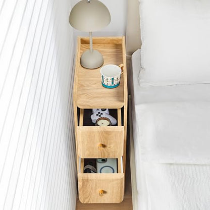 Narrow End Table Bedroom, Wooden Small 2 Drawer Nightstand, Thin Couch Side End Table, Skinny Bedside Table Small Spaces, Mid Century Modern Night Stand with Drawers (Natural-1 pc) - color: Natural-1 Pc