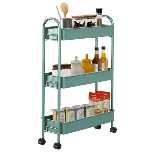 Slim Rolling Cart, Metal Frame Utility Rolling 3-Tier Narrow Storage Cart | Kitchen Storage Organizer, Mobile Shelving Unit for Bathroom Kitchen - color: Emerald Green