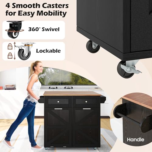 Giantex Kitchen Island Cart with Hidden Tilt Out Trash Can Cabinet, Drop Leaf, 2 Drawers, Towel Rack, Rolling Mobile Breakfast Bar Table, Wood Kitchen Storage Cart on Wheels (Black & Natural) - color: Black