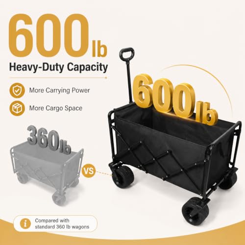 Wagons Carts Foldable Heavy Duty, 600 lb Tank Wheel Wagon with Brakes | Tank wheel utility wagon for groceries, beach, camping, garden and moving; 220L storage, all-terrain wheels and dual brakes - color: Light Black