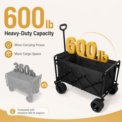 Wagons Carts Foldable Heavy Duty, 600 lb Tank Wheel Wagon with Brakes | Tank wheel utility wagon for groceries, beach, camping, garden and moving; 220L storage, all-terrain wheels and dual brakes - color: Light Black