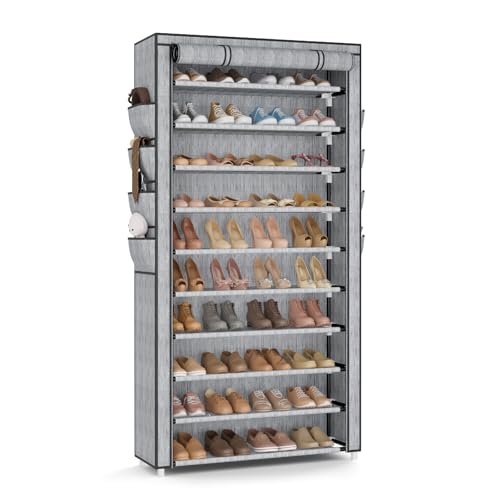 VTRIN Tall Shoe Rack with Cover, 10 Tier Shoe Organizer Storage for 50-55 Pairs Shoes and Boots Large Capacity Shoe Shelf with 8 Pockets Free Standing Shoe Rack for Closet, Entryway, Garage, Printing - color: Printing, size: 33.8"W - 10 Tier