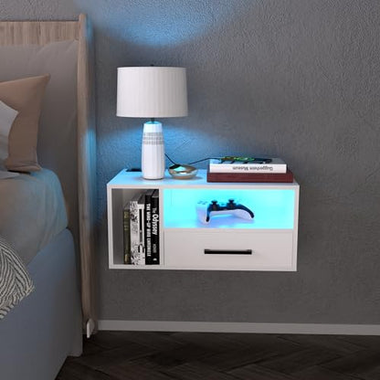 Homaterial Floating Nightstand with Charging Station and LED Lights, Floating Bedside Table with Drawers Wall Mounted Nightstands,for Bedroom Room, 21.3" x 11.8" x 10",White - color: White