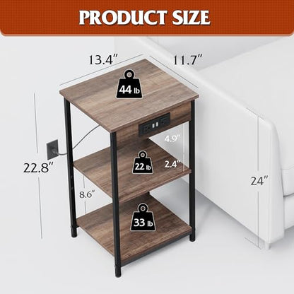 WLIVE Side Table with Charging Station and USB Ports, Small End Tables for Small Spaces, 3-Tier Nightstand with Adjustable Shelf, Bedside Tables, Living Room, Bedroom, Brown | Side Tables with Storage Adjustable Shelf for Small Spaces; Bedside Tables for