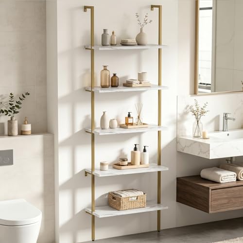 aboxoo Ladder Shelf White Marble Bookshelf 5-Tier Wall-Mounted Wood Rack Industrial Modern Plant Flower Stand Utility Organizer Open Bookcase Metal Frame Furniture Office Kitchen Bedroom - color: White Marble 5-tier, size: 1PC
