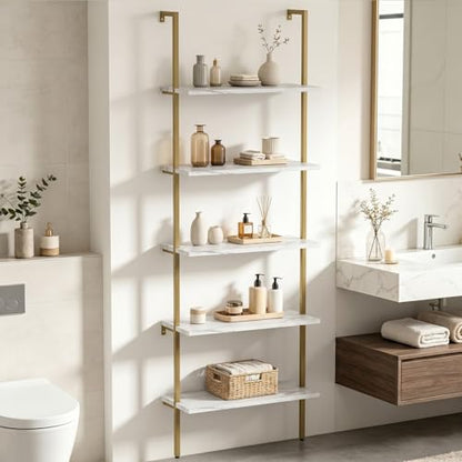 aboxoo Ladder Shelf White Marble Bookshelf 5-Tier Wall-Mounted Wood Rack Industrial Modern Plant Flower Stand Utility Organizer Open Bookcase Metal Frame Furniture Office Kitchen Bedroom - color: White Marble 5-tier, size: 1PC