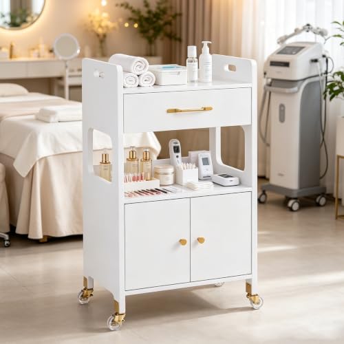 BarberPub Hair Salon Rolling Trolley for Storage, Barber Cart with Cabinet & Lockable Wheels, Beauty Spa Utility Styling Tools Organizer 2494, White