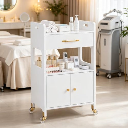 BarberPub Hair Salon Rolling Trolley for Storage, Barber Cart with Cabinet & Lockable Wheels, Beauty Spa Utility Styling Tools Organizer 2494, White