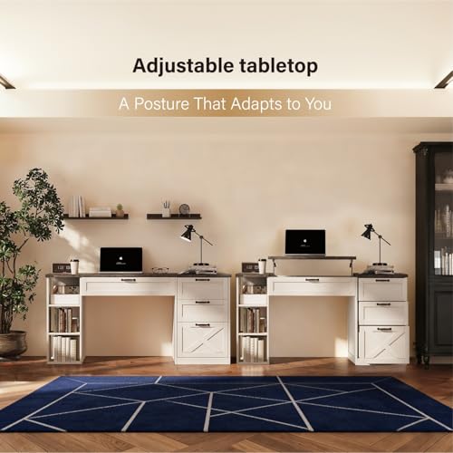 Farmhouse Lift Top Desk: Rustic Wood Standing Desk with 3 Drawers & Open Storage Shelves, Adjustable Height, White & Brown Home Office Computer Desk for Work, Study, Writing (White+Dark Walnut) - color: White+dark Walnut