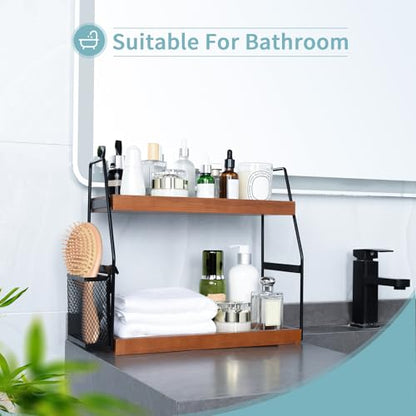 Bathroom Counter Organizer, 2-Tier Standing Storage Shelf with Basket, Wood Tray for Skincare Vanity Organizer(Brownish) - style: 2 Tier Brownish