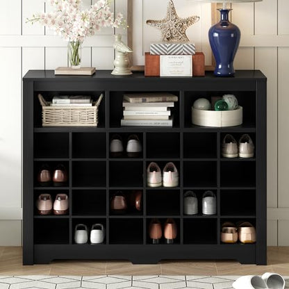 Harper & Bright Designs Sleek Design 24 Shoe Cubby Console, Modern Shoe Cabinet with Curved Base, Versatile Sideboard for Hallway, Bedroom, Living Room, Black - color: Black, size: 35''