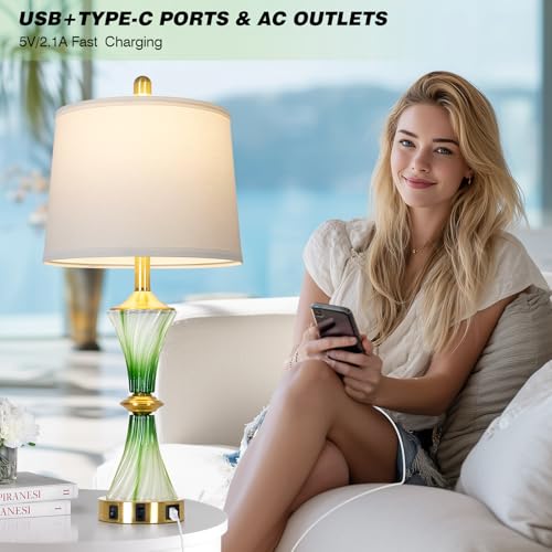 Rinweey Green Glass Table Lamp Set of 2 with USB C+A Ports & AC Outlet, Bedside Lamp, Modern Bedroom Lamps, Coastal Lamp for Night Stands Bedroom Living Room,Nightstand Lamp LED Bulbs Included - color: Green