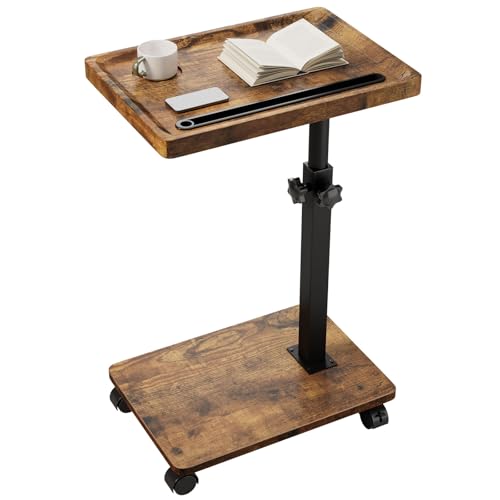 IBUYKE C Shaped Side Table,TV Tray Table with Wheels,Retro Brown UTVT007H | 360° Swivel Height Adjustable,End Table for Small Spaces Living Room Bedroom Sofa Bed,Bedside Table for Laptop - color: Brown, size: 11.41"Dx15.35"Wx 19.29-32.28"H