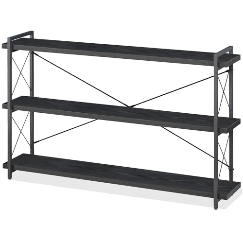HCHQHS Bookshelf, 3-Tier Long Industrial Bookcase, Black Open Book Shelf, Freestanding Horizontal Bookshelves with Metal Frame - color: Ebony Black, size: 3-Tier (56.7"W x 35.8"H)